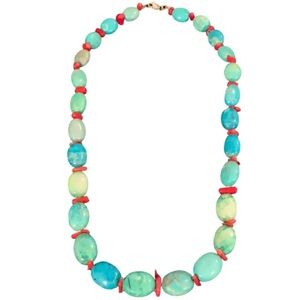 Vintage Navajo Turquoise & Coral Branch Crystal Stone Beaded Tribal Necklace